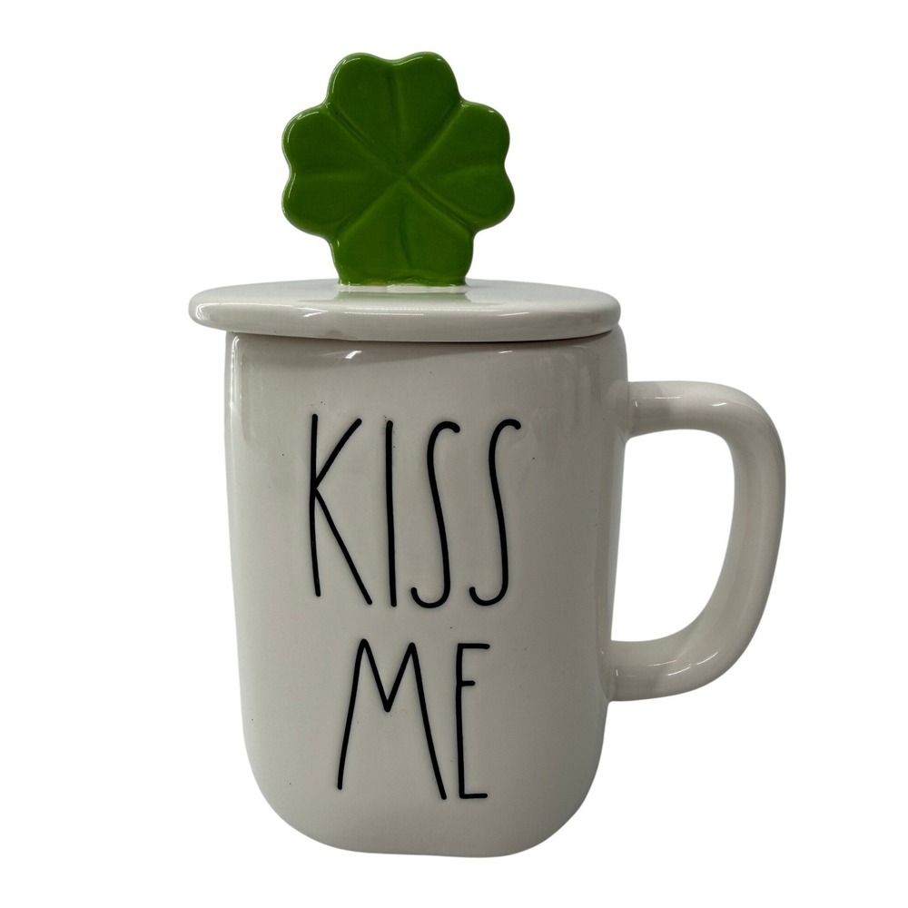 Rae Dunn Kiss Me Mug with Shamrock Lid St Patricks Day Clover Ceramic Coffee Cup